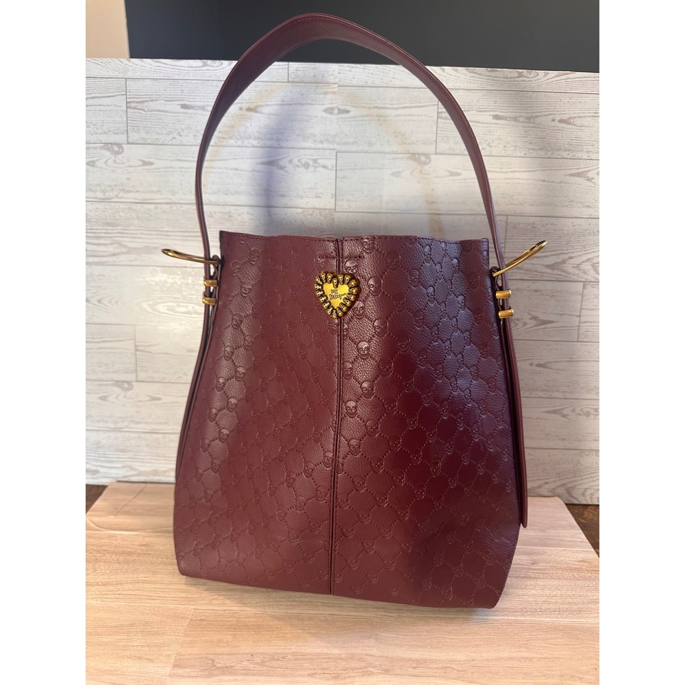 Betsey Johnson XOMILLE Burgundy Skull Embossed Hobo Shoulder Purse Bag LIKE NEW